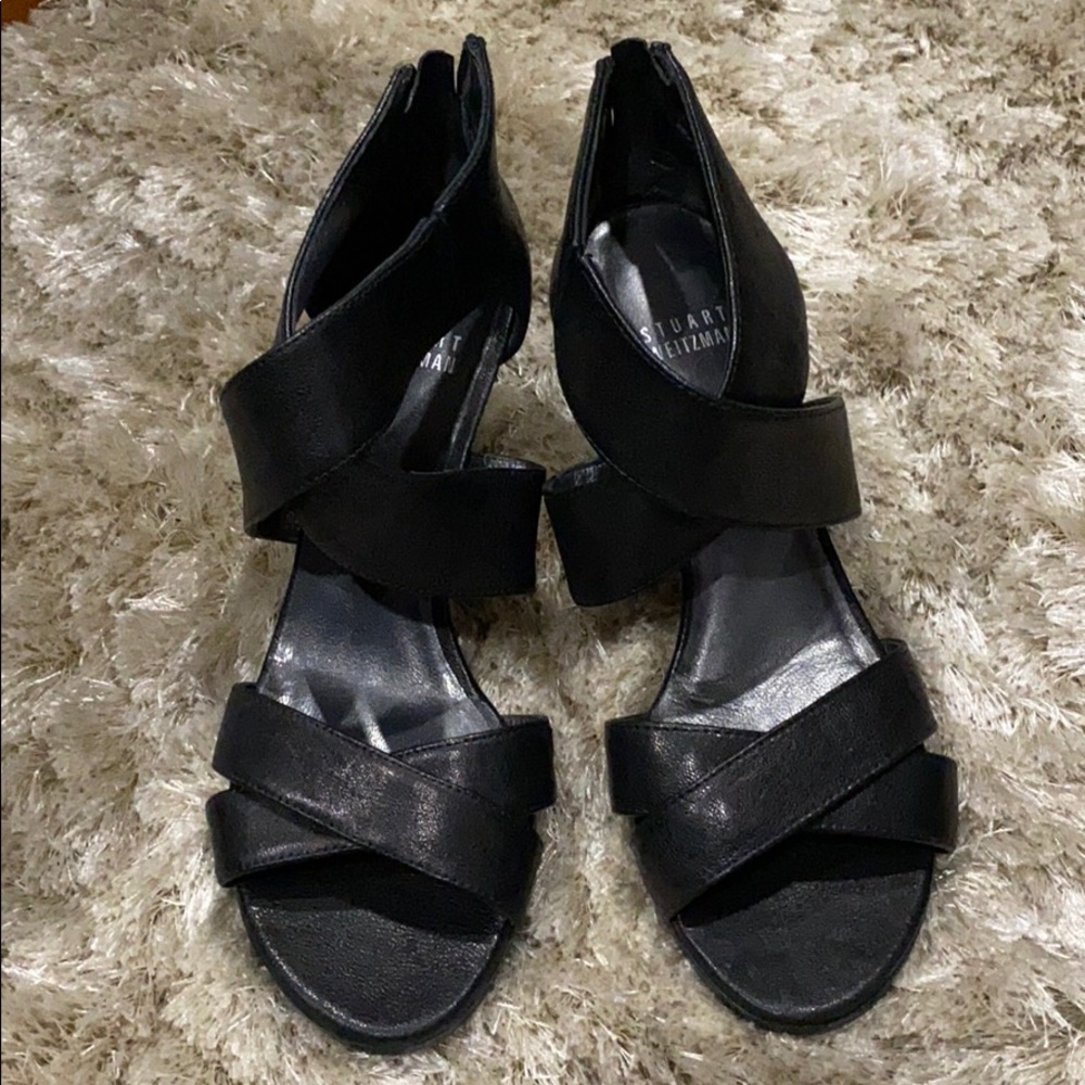 Stuart Weitzman HugMe black leather heels.